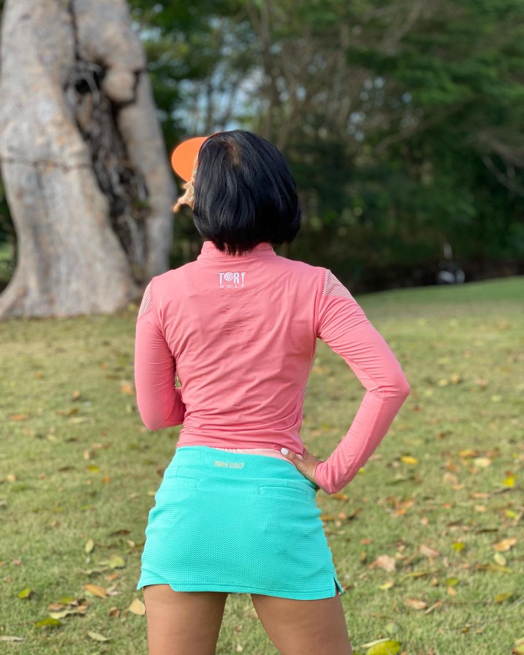 LS-062A || Ladies Skirt Mid Green Bubble Seersucker  Texture Pale Orange Waist Flash with One Front and 2 Rear Pockets