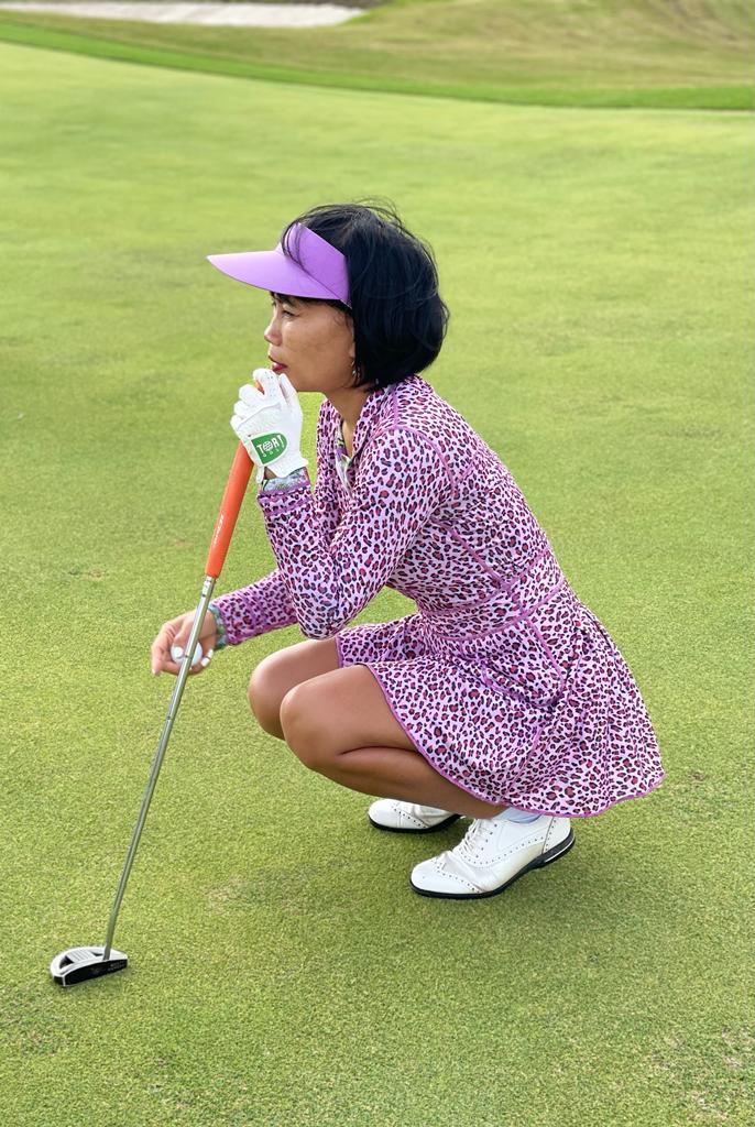 RGD-023 || Golf Dress Reversible Long Sleeve One Side Green, Mauve White & Yellow with Rose and Geometric Motif other Side Lilac, Black & Red Faux Leopard Spots, Mandarin Collar Concealed Zip Fastened