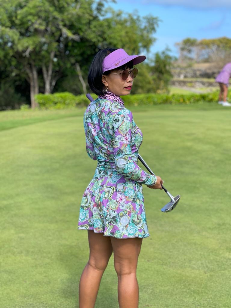 RGD-023 || Golf Dress Reversible Long Sleeve One Side Green, Mauve White & Yellow with Rose and Geometric Motif other Side Lilac, Black & Red Faux Leopard Spots, Mandarin Collar Concealed Zip Fastened