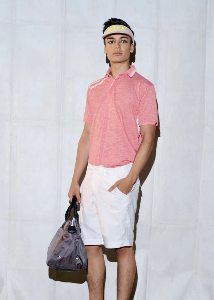 MT-021B || Men Top Coral with White Collar Trim Denim Look.