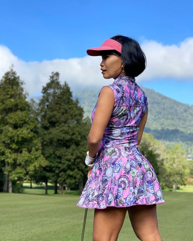 RGD-021C || Golf Dress Reversible Sleeveless One Side Pink, Purple and Green with Rose and Geometric Motif Other Side Pink w Green & Black Faux Leopard Spots, Mandarin Collar Concealed Zip Fastened