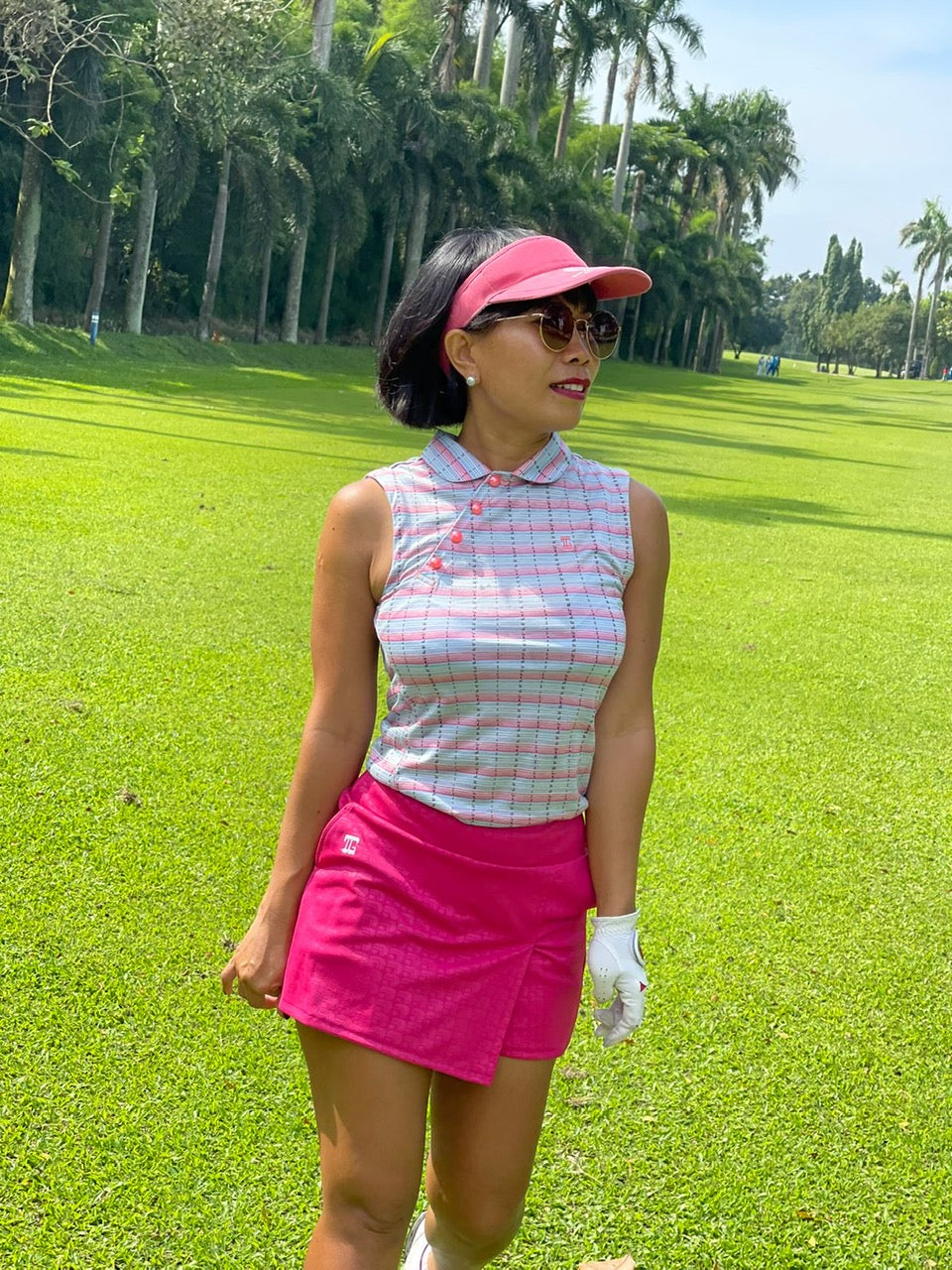 LT-091I || Ladies Sleeveless Top Light Blue Pink White Horizontal Bands Angel Four Buttons Neck