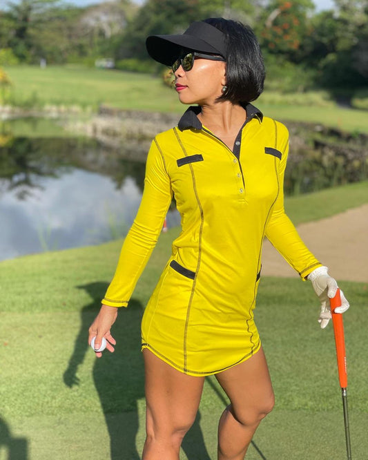 GD-012B || Golf Dress Bright Yellow with Black Trim and Black Overlocked Seams LS Mock Breast Pocket Trims with 2 Waist Pockets