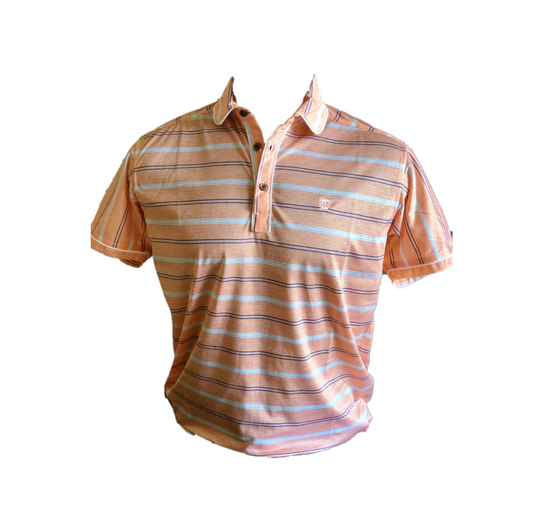 MT - 027A || Men Top Orange With Mid Blue/ Double Horizontal Dashed Stripes.